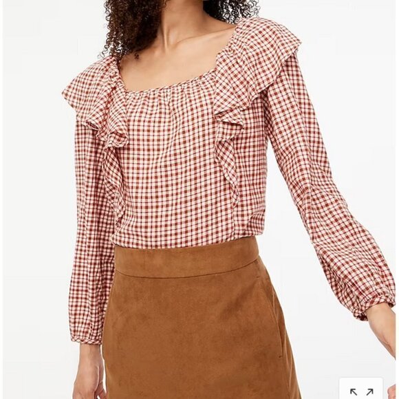 J. Crew Gingham Plaid Squareneck Ruffle Top, Red and Cream, XL - Picture 2 of 8